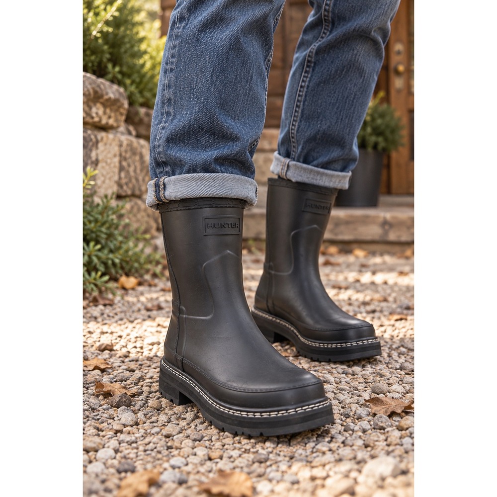 Hunter Refined Stitch Detail Short Rain Boots Black Waterproof Women's US 7